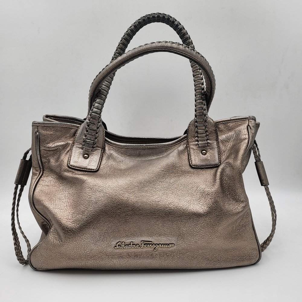 Salvatore Ferragamo Metallic Bronze Leather Satchel..Auth.